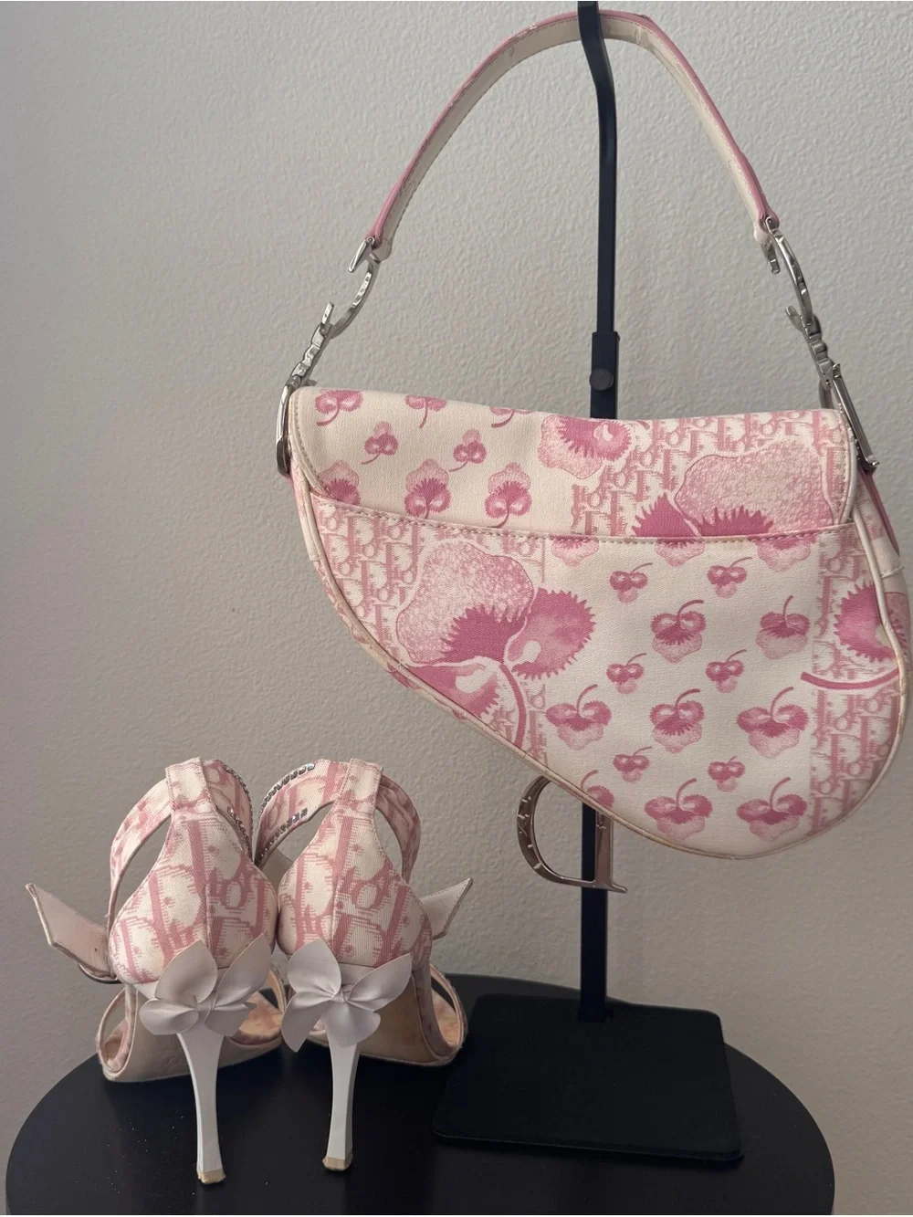 Dior Pink Jacquard Saddle Bag with Cream Leather Trim